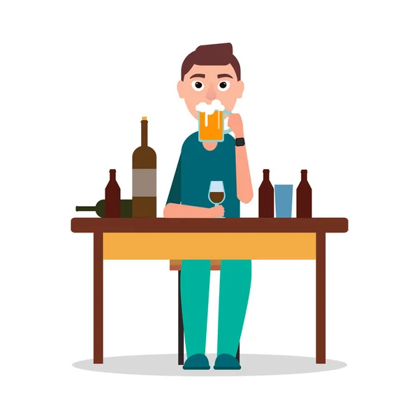 Hombre sentado junto a la mesa con muchas bebidas alcohólicas — Archivo Imágenes Vectoriales