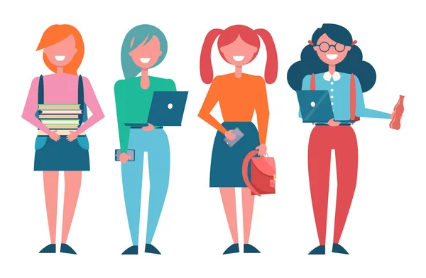 Female Students with Books and Modern Laptops — Stock Vector