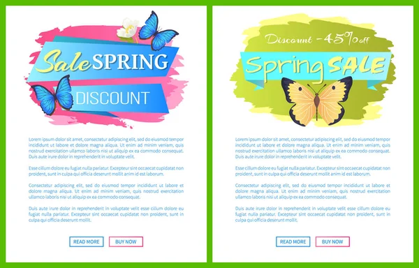 Primavera venda cartazes definir desconto cor borboletas — Vetor de Stock