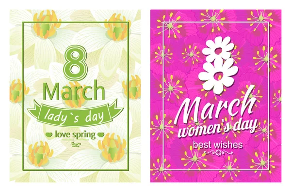 Senhoras Dia Amor Primavera 8 Março Cartazes Texto Flor — Vetor de Stock