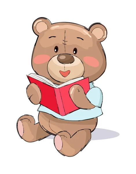 Un ours en peluche mâle lit un livre rouge Illustration vectorielle — Image vectorielle