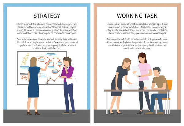 Στρατηγική εργασία γραφείου σετ αφίσες με τους εργαζομένους — Διανυσματικό Αρχείο