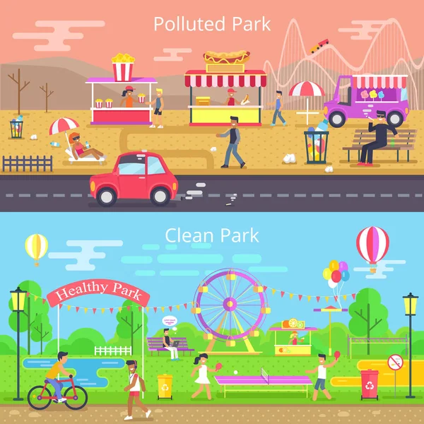 Vervuilde en schoon Park instellen vectorillustratie — Stockvector