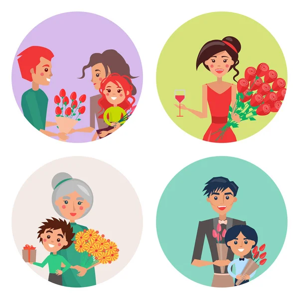 Cztery ikony z kwiatów i ludzi na dzień kobiet — Wektor stockowy
