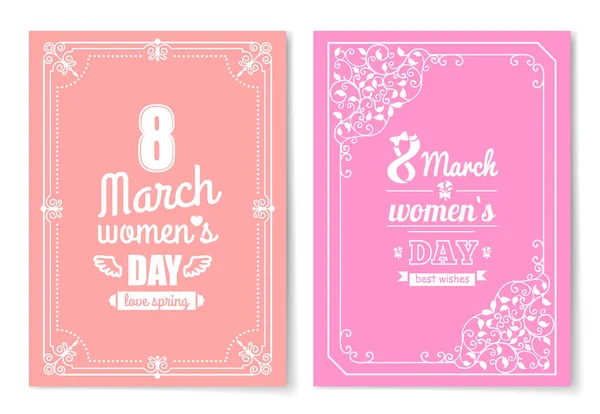Frauentagspostkarte mit großem Schild und wirbelndem Rahmen — Stockvektor