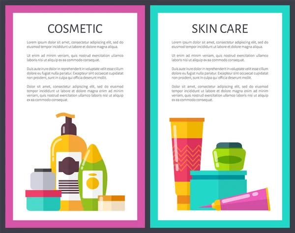 Dos carteles cosméticos para el cuidado de la piel Viales lindos de brillo — Vector de stock