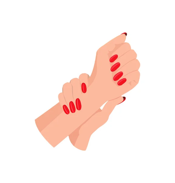 Red Manicure on Rounded Nails of Female Hands — Stock Vector