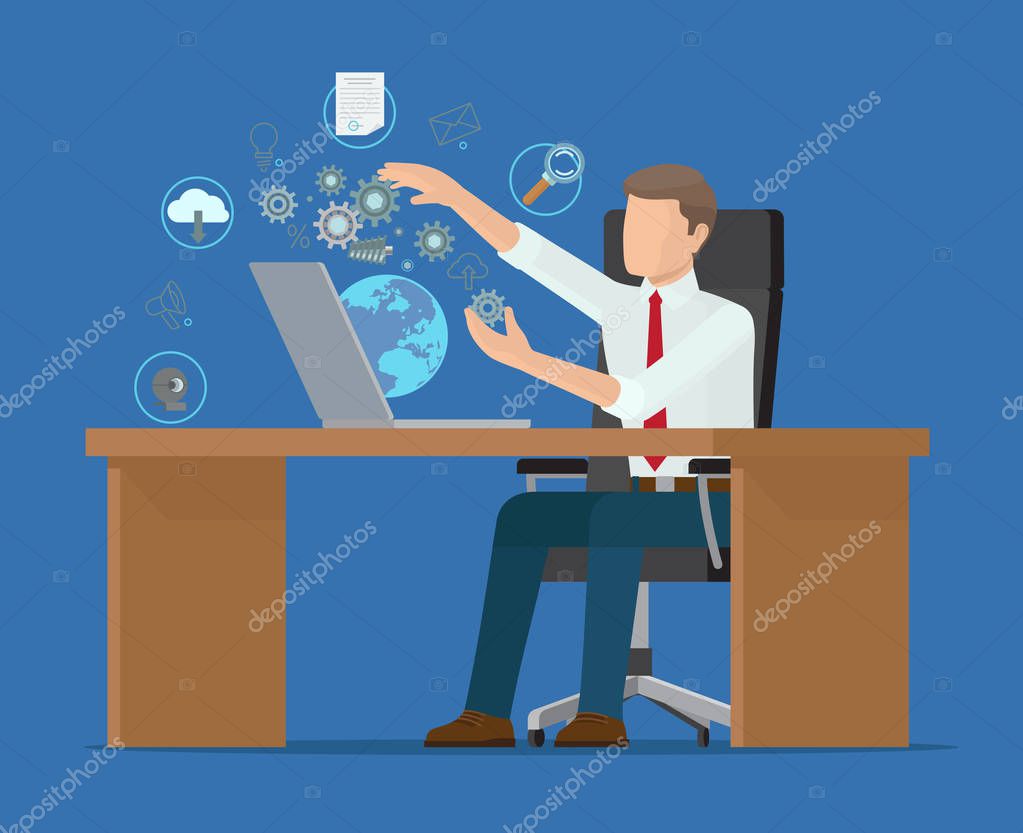 Businessman sitting by brown table, color poster, vector illustration with various icons, globe and set of gears, cloud with arrow, paper and camera