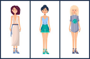 Kadınların içinde modern yaz modu moda giyim, kız kolsuz gömlek ve uzun etek, pantolon ve singlet, küçük elbise vektör çizim set ayarla.