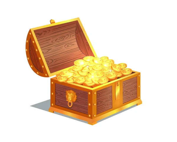 Monedas de oro antiguas en el pecho de madera abierto pesado — Vector de stock