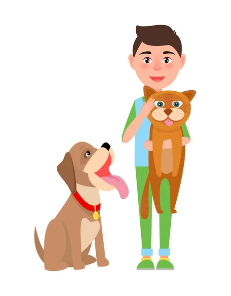 Junge mit Katze und Hund Poster Vektor Illustration — Stockvektor