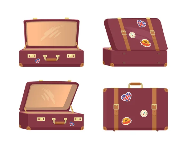 Leather Vintage Suitcases Open Closed Briefcases — Stock Vector