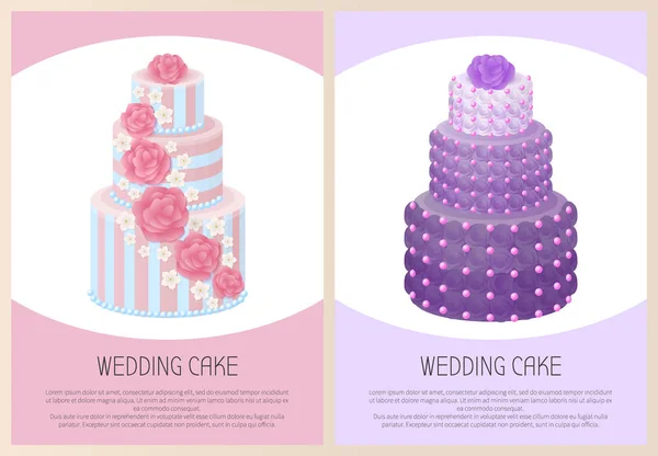 Wedding Cakes Set Sweet Bakery Posters Vector Text — Stock Vector