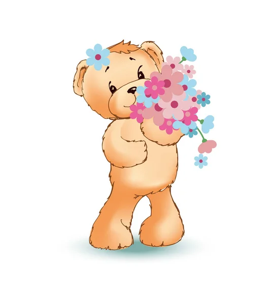 Zabawka mały niedźwiedź z duży bukiet kwiatów dzikiego — Wektor stockowy