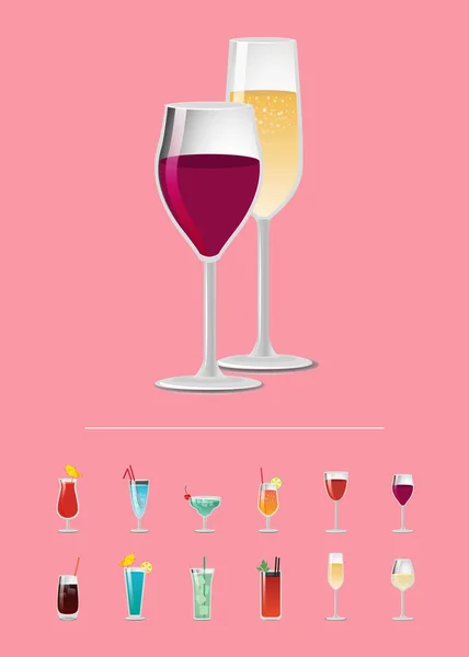 Diferentes bebidas alcohólicas aisladas sobre fondo rosa — Vector de stock