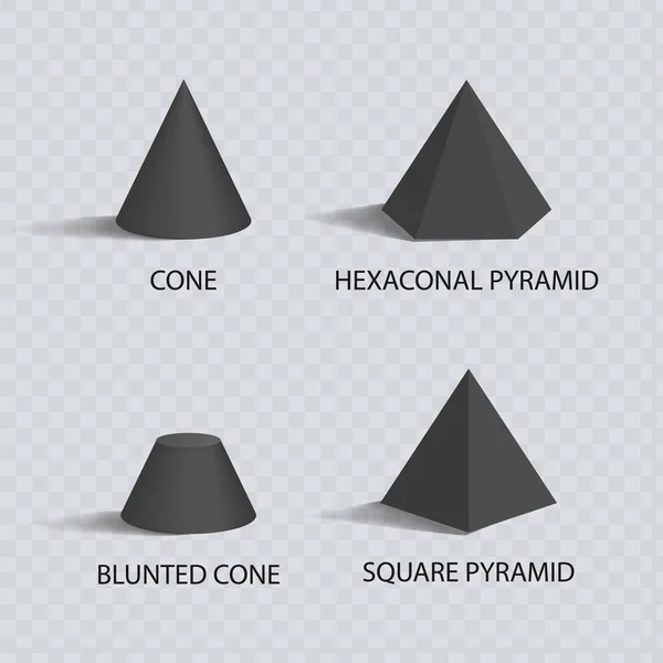 Kegels en piramiden ingesteld, zwarte prisma's, kleur Banner — Stockvector