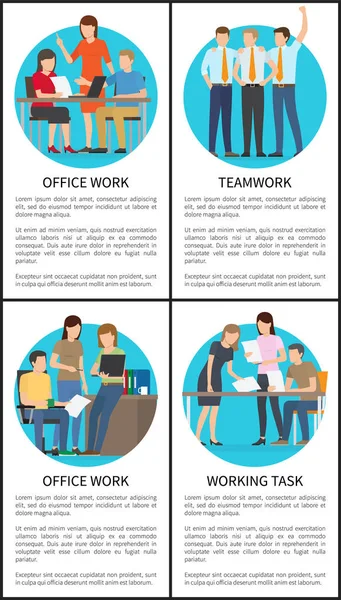 Quatre Teamwork et travail de bureau Affiches colorées — Image vectorielle