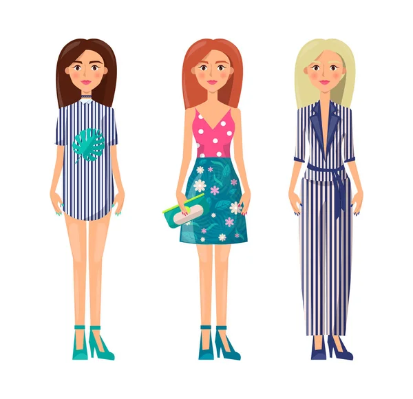 Young Modern Girls in Stylish Summer Clothes Set — Stock Vector