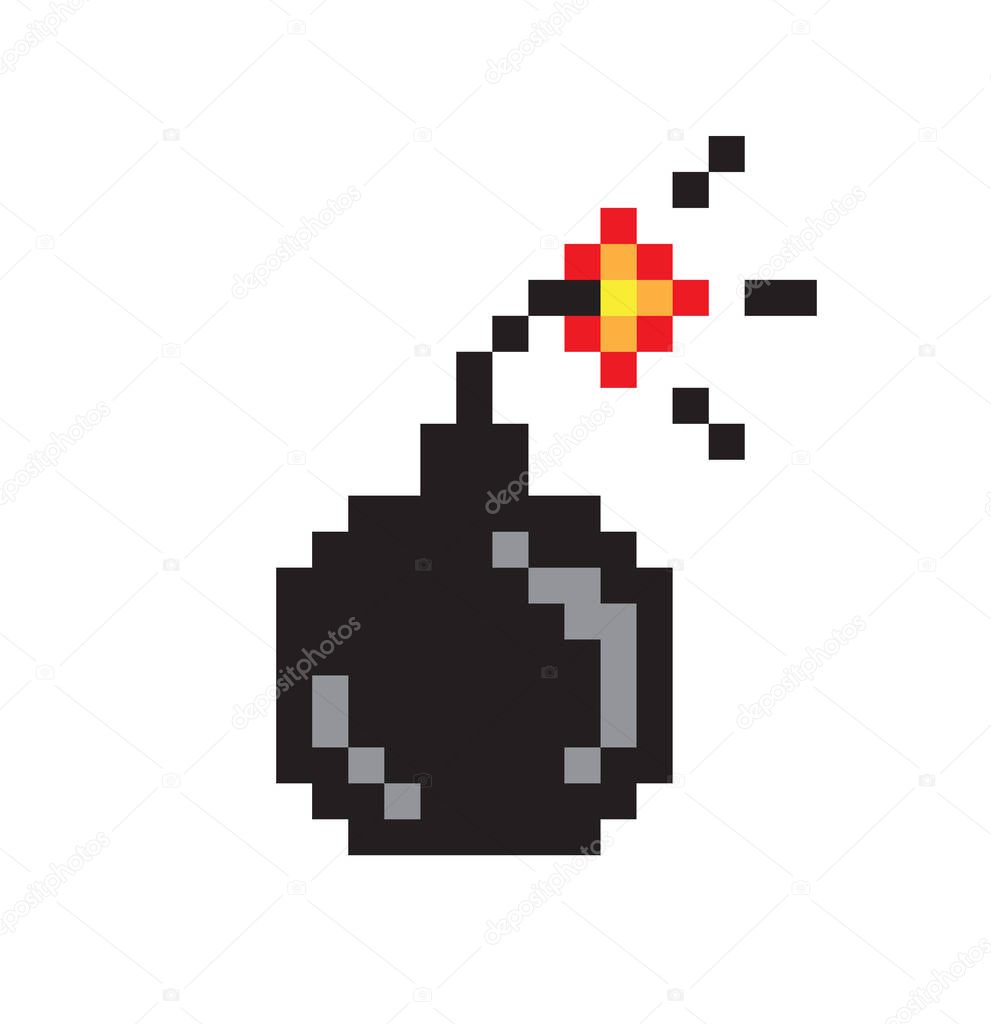 Black bomb pixel art, colorful vector illustration isolated on white background, abstract pixel fire on wick, round shot template, flaming cannonball