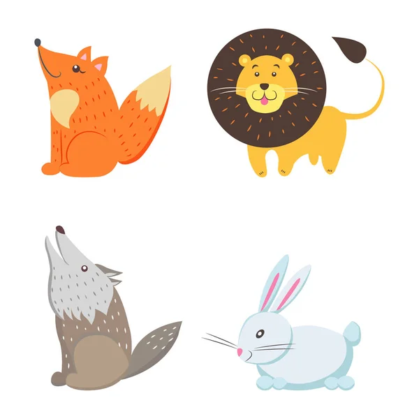 Renard roux, lion jaune, loup hurleur, lapin blanc — Image vectorielle