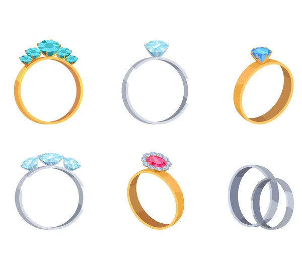 Precious Wedding Rings with Gems Vector Icons Set — Stock Vector
