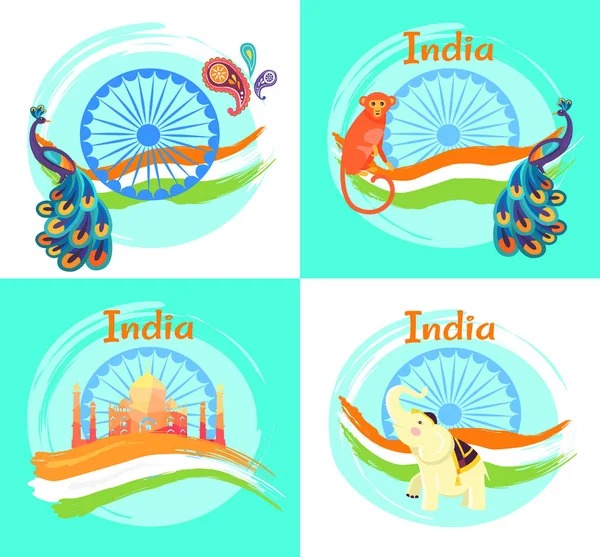 Famous India Symbols on Set of Bright Posters — Stock Vector