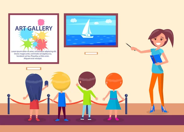 Art Gallery Excursion School Children with Guide — Stock Vector