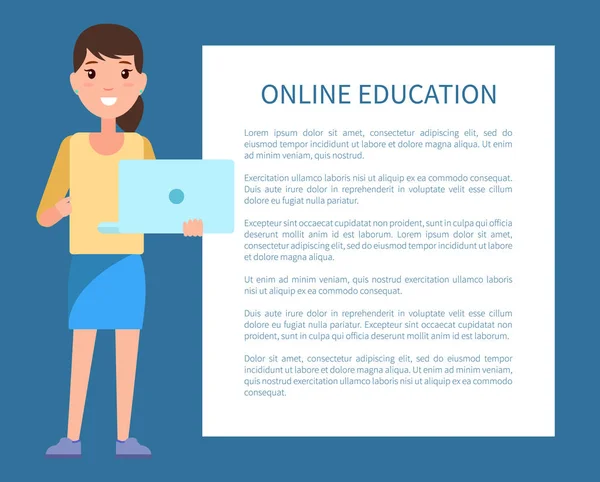 Texto del cartel de educación en línea, mujer con cuaderno — Vector de stock