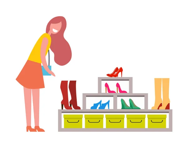 Žena poblíž velké boty Rack z moderní Boutique — Stockový vektor