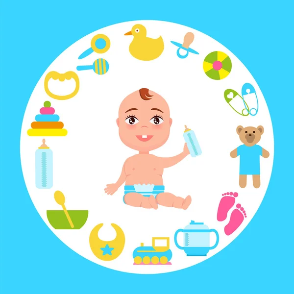 Toddler Infant in Diaper with Milk Bottle at Frame — Stock Vector