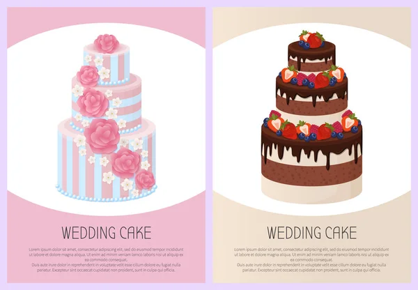Bolos de casamento Set Sweet Bakery Posters Vector Set — Vetor de Stock