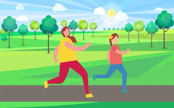 Jogging mère-fille dans le parc Illustration — Image vectorielle