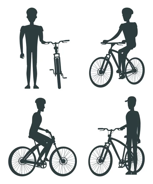 Set of Dark Silhouettes of Bikes and Cyclists — Stock Vector