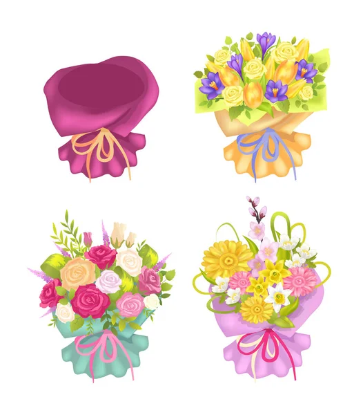 Cuatro hermoso embalaje y lindas flores tarjeta de color — Archivo Imágenes Vectoriales