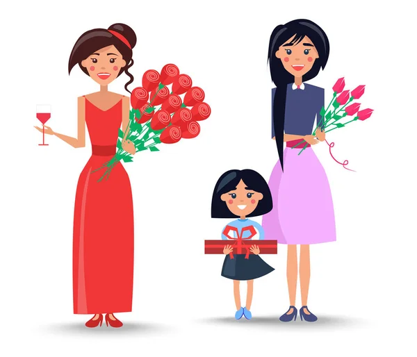 Γυναίκες και το μικρό κορίτσι με τα λουλούδια και το παρόν — Διανυσματικό Αρχείο
