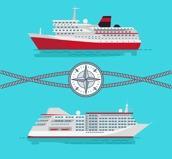 Schiffe und Seil mit Kompassvektorillustration — Stockvektor