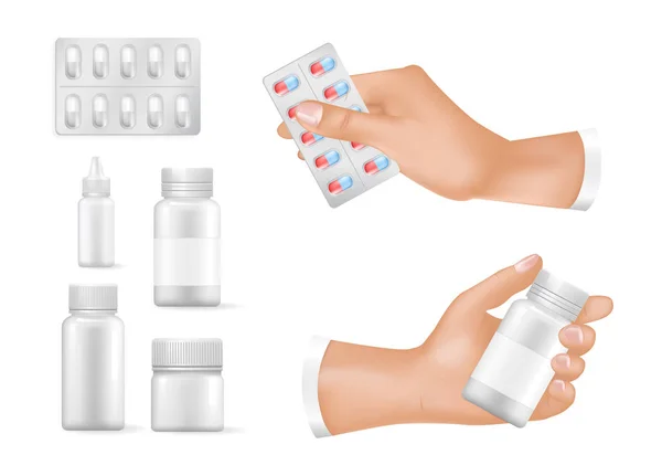 Ensemble de récipients vides pour médicaments entre les mains de l'homme — Image vectorielle