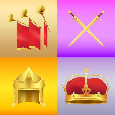Altın Orta Çağ sembolleri gerçekçi Vector Icons Set