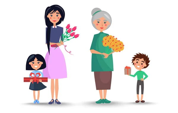 Matka i babcia z kwiatami i dzieci — Wektor stockowy
