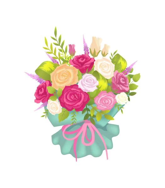 Eleganz Bündel mit Rosen in verschiedenen Farben und Flieder — Stockvektor