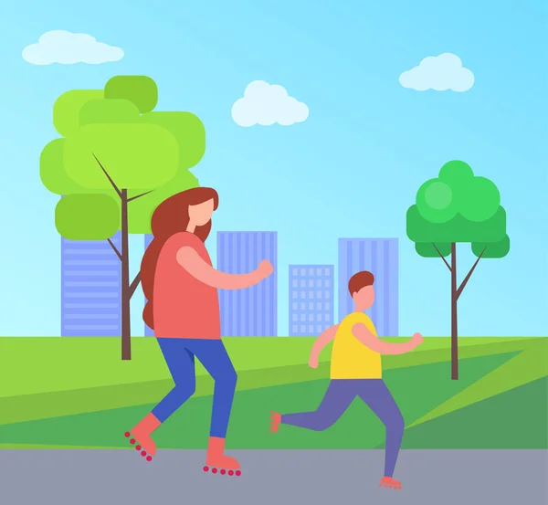 Mère et Fils Rollerblading dans City Park Vector — Image vectorielle