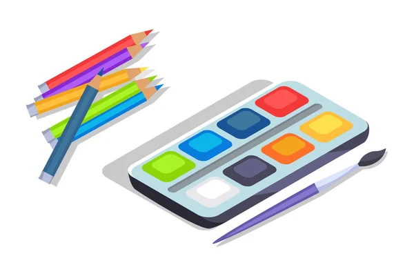 Pinturas de acuarela Caja de paleta colorida con pincel — Vector de stock