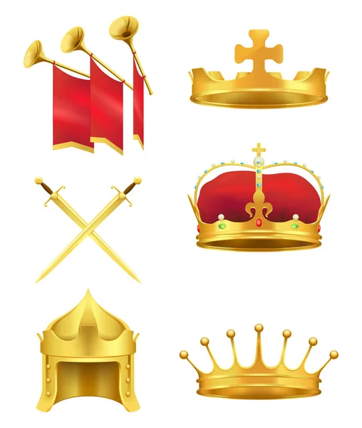 Zestaw ikon realistyczne wektor złoty średniowiecznych symboli — Wektor stockowy
