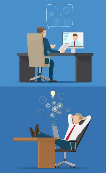 Deux hommes d'affaires assis dans des chaises avec des ordinateurs — Image vectorielle