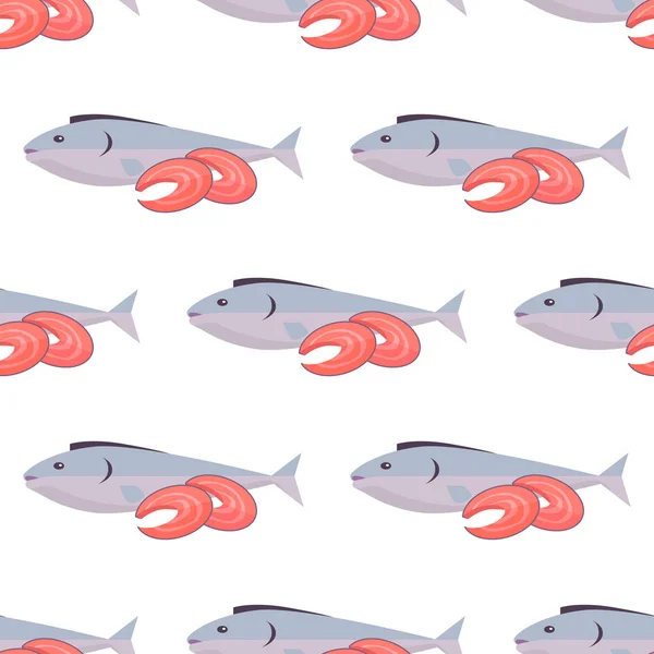 Fish and Shrimps Seamless Pattern on White — Stock Vector