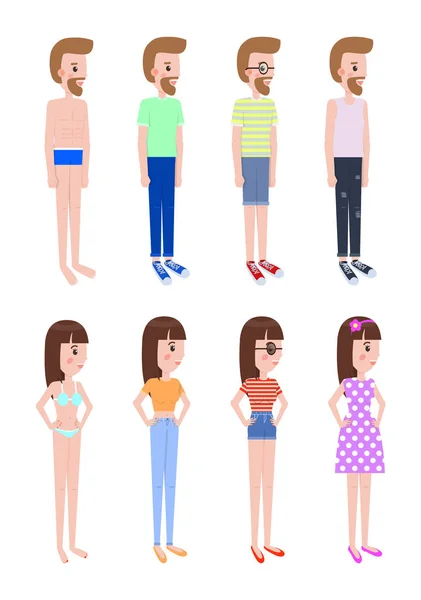 Menina e cara em roupas de verão fica em perfil —  Vetores de Stock