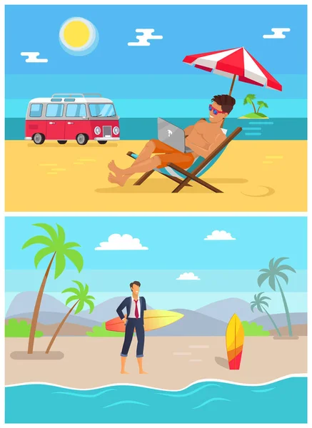 Hombres con Trabajo como Freelancers en el Set de Playas de Sandy — Vector de stock