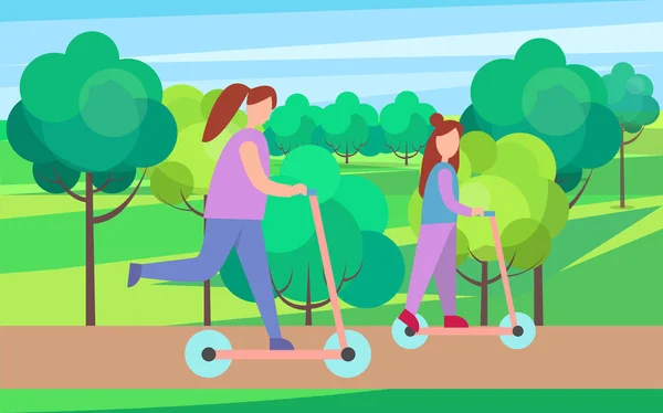 Madre e bambino su scooter a Park Illustrazione — Vettoriale Stock