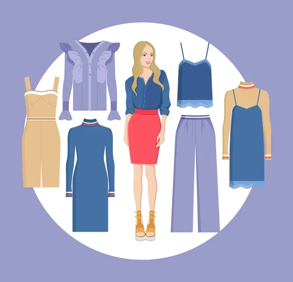 Mujer y elección de ropa Vector Ilustración — Vector de stock