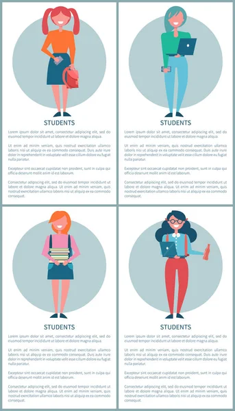 Öğrenci Kızlar Posterler Ile Karikatür Tarzı Kız Öğrenciler Kümesi Kitap — Stok Vektör